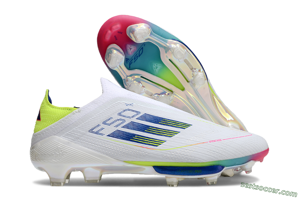 Adidas F50+ Lightstrike Pro Laceless FG Low-Tops Soccer Cleats - White/Blue/Yellow/Pink 0