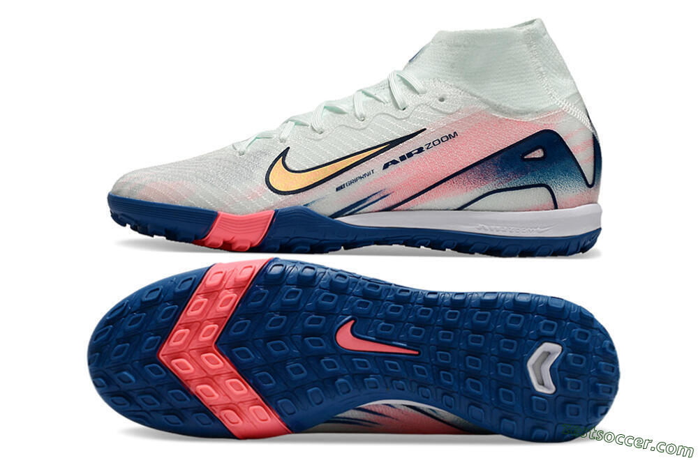 Nike Air Zoom Mercurial Superfly 10 Elite TF High-Tops Soccer Shoes - White/Pink/Blue 7