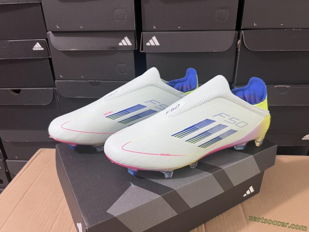 Adidas F50 Elite Laceless FG Low-Tops Soccer Cleats - White/Blue/Pink/Yellow