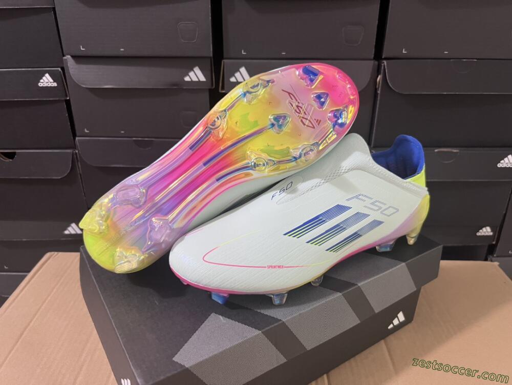 Adidas F50 Elite Laceless FG Low-Tops Soccer Cleats - White/Blue/Pink/Yellow