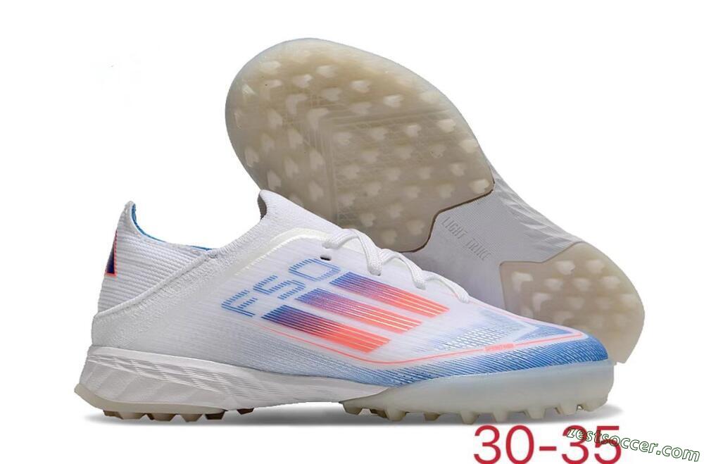 Kids Adidas F50 Elite TF Low-Tops Soccer Shoes - White/Blue/Orange 0