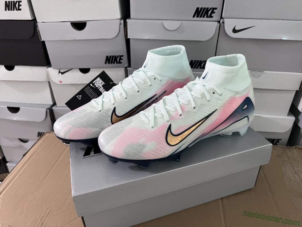 Nike Air Zoom Mercurial Superfly 10 Elite FG High-Tops Soccer Cleats - White/Pink/Blue