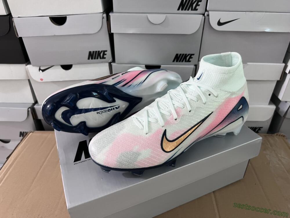 Nike Air Zoom Mercurial Superfly 10 Elite FG High-Tops Soccer Cleats - White/Pink/Blue