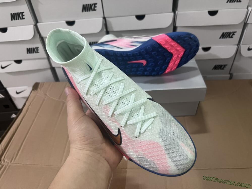 Nike Air Zoom Mercurial Superfly 10 Elite TF High-Tops Soccer Shoes - White/Pink/Blue