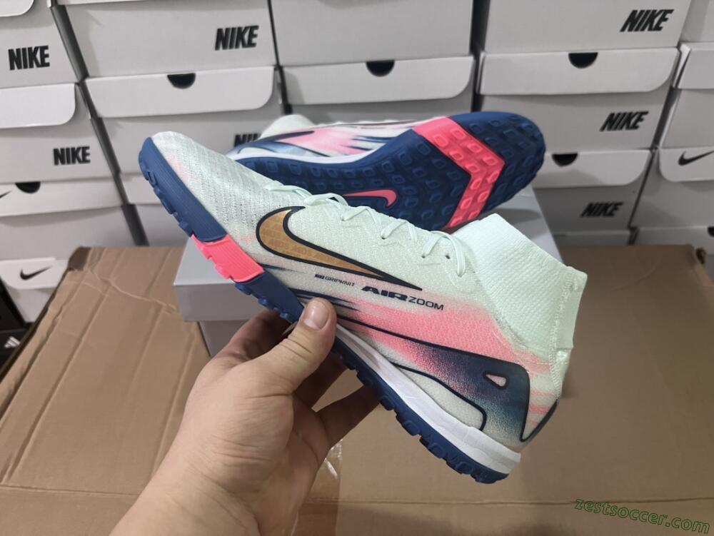 Nike Air Zoom Mercurial Superfly 10 Elite TF High-Tops Soccer Shoes - White/Pink/Blue