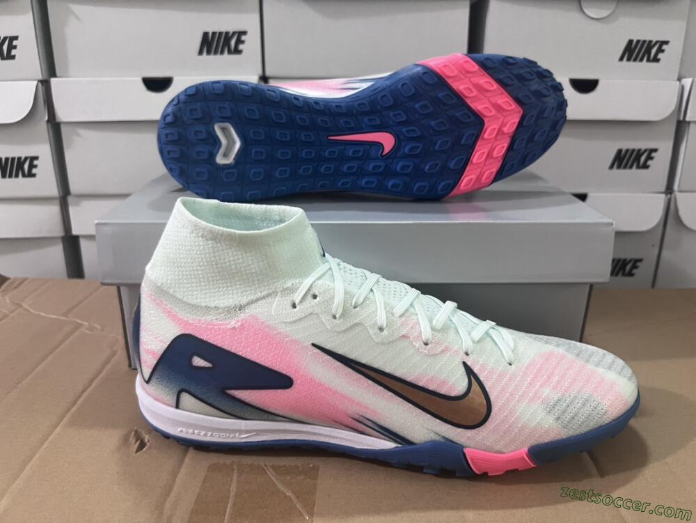 Nike Air Zoom Mercurial Superfly 10 Elite TF High-Tops Soccer Shoes - White/Pink/Blue