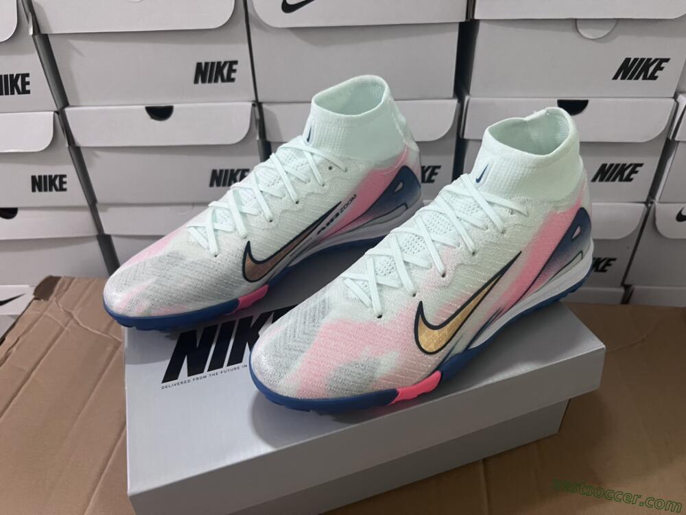 Nike Air Zoom Mercurial Superfly 10 Elite TF High-Tops Soccer Shoes - White/Pink/Blue
