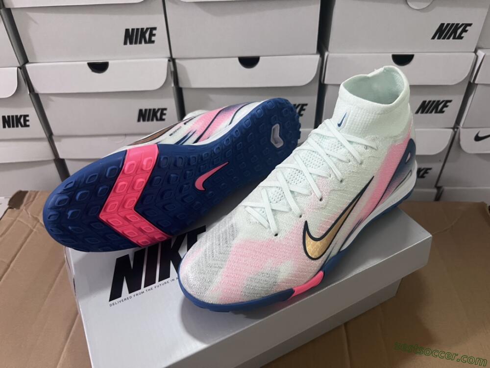 Nike Air Zoom Mercurial Superfly 10 Elite TF High-Tops Soccer Shoes - White/Pink/Blue