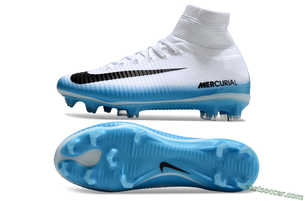 Nike Zoom Mercurial Superfly 5 Elite FG High-Tops Soccer Cleats - White/Black/Blue 1