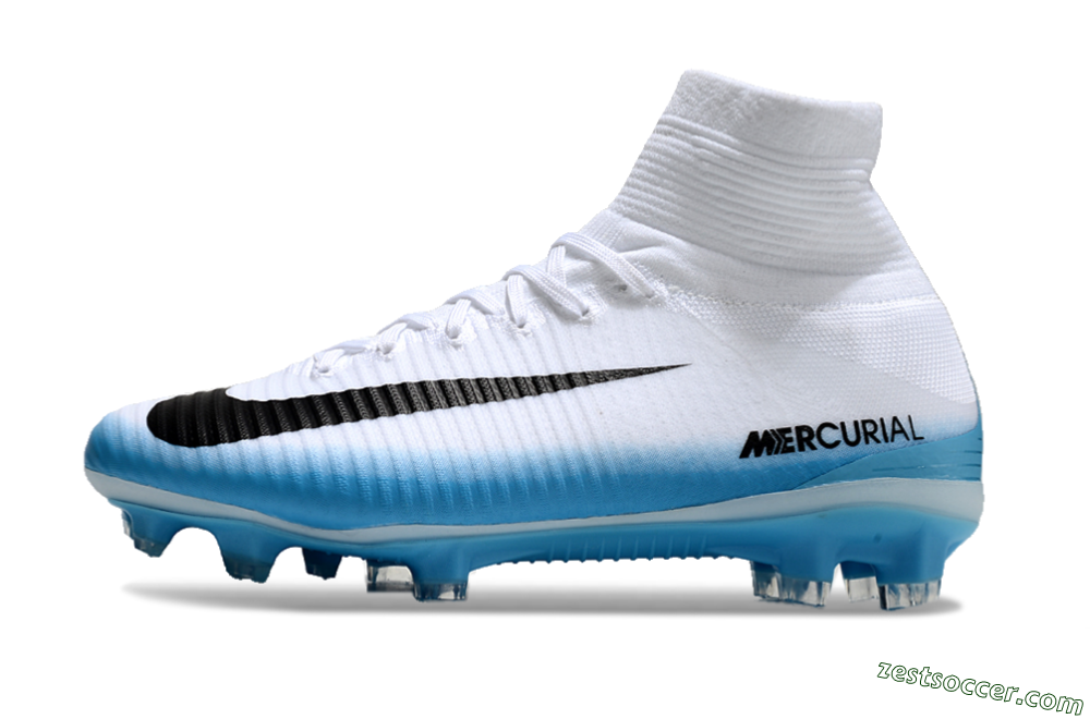Nike Zoom Mercurial Superfly 5 Elite FG High-Tops Soccer Cleats - White/Black/Blue 2