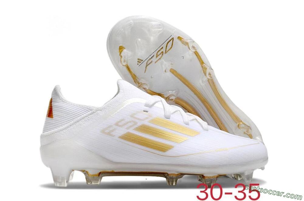 Kids Adidas F50 Elite FG Low-Tops Soccer Cleats - White/Gold/Red 0