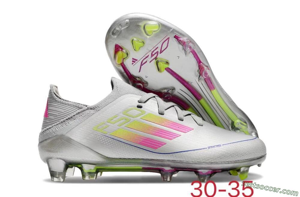 Kids Adidas F50 Elite FG Low-Tops Soccer Cleats - Silver/Pink/Yellow 0