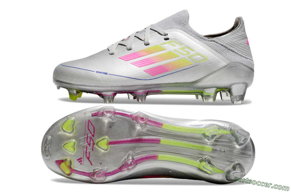 Kids Adidas F50 Elite FG Low-Tops Soccer Cleats - Silver/Pink/Yellow 1