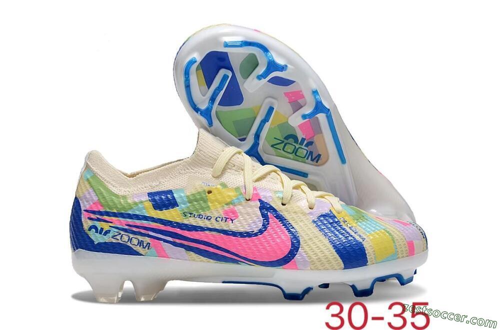 Kids Nike Air Zoom Mercurial Vapor 15 Elite FG Low-Tops Soccer Cleats - Beige/Blue/Yellow/Pink 0