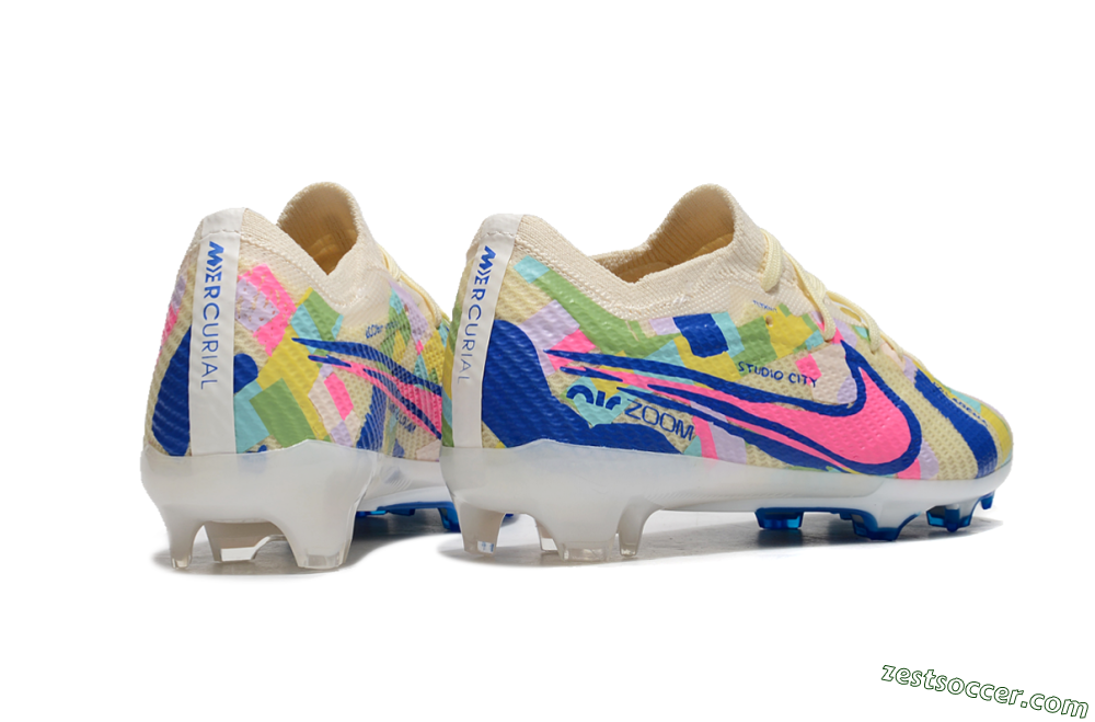 Kids Nike Air Zoom Mercurial Vapor 15 Elite FG Low-Tops Soccer Cleats - Beige/Blue/Yellow/Pink 6