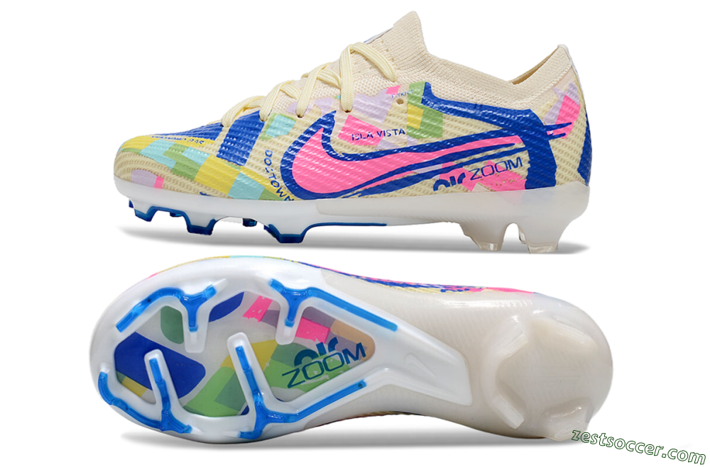 Kids Nike Air Zoom Mercurial Vapor 15 Elite FG Low-Tops Soccer Cleats - Beige/Blue/Yellow/Pink 1