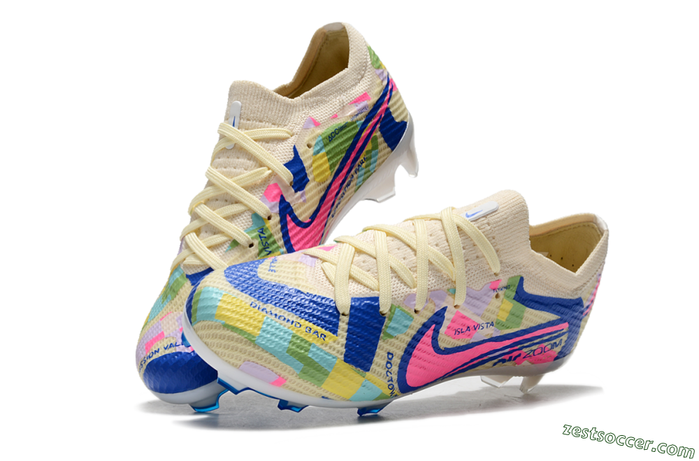 Kids Nike Air Zoom Mercurial Vapor 15 Elite FG Low-Tops Soccer Cleats - Beige/Blue/Yellow/Pink 3