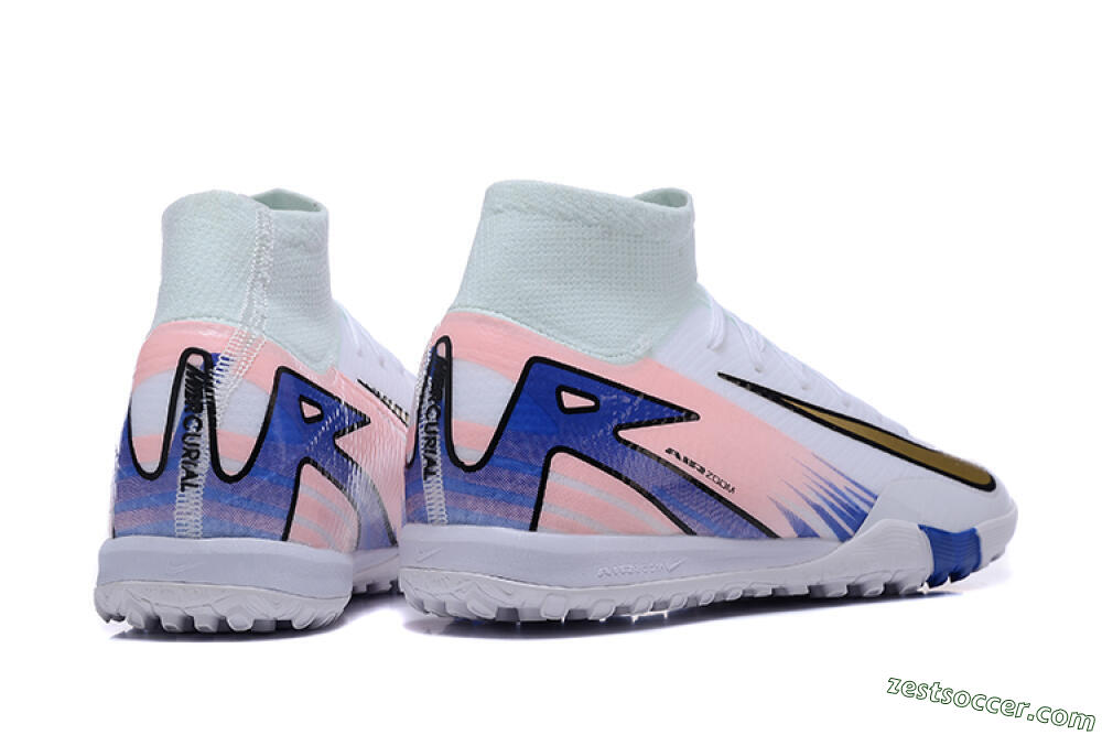 Nike Air Zoom Mercurial Superfly 10 Elite TF High-Tops Soccer Shoes - White/Gold/Blue/Pink 6
