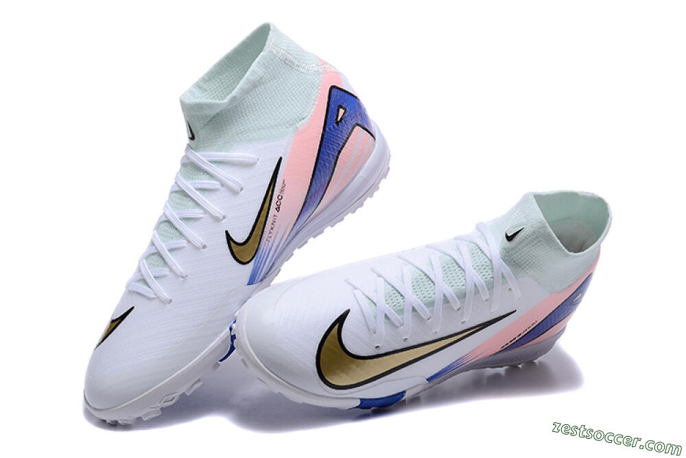 Nike Air Zoom Mercurial Superfly 10 Elite TF High-Tops Soccer Shoes - White/Gold/Blue/Pink 3