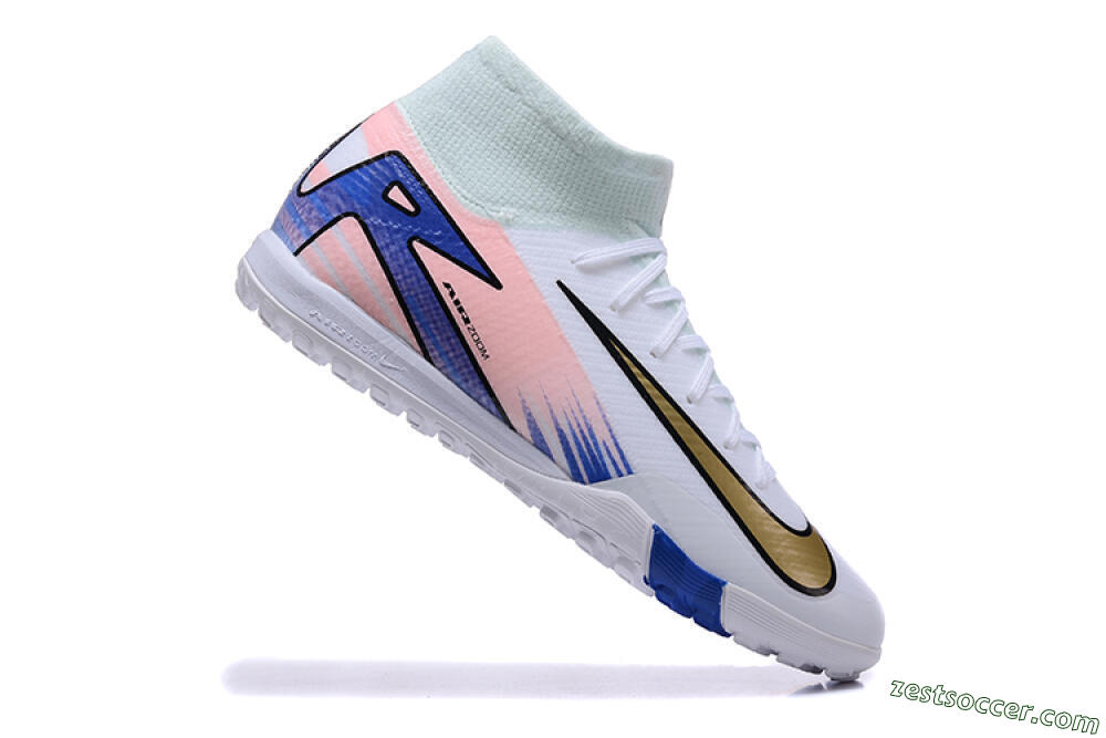 Nike Air Zoom Mercurial Superfly 10 Elite TF High-Tops Soccer Shoes - White/Gold/Blue/Pink 4