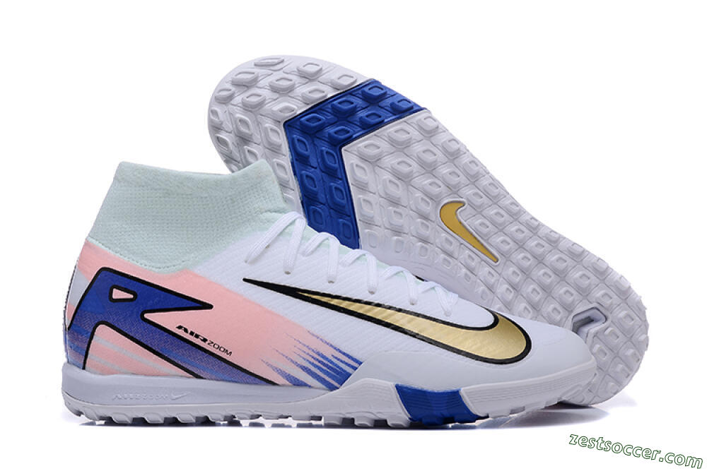 Nike Air Zoom Mercurial Superfly 10 Elite TF High-Tops Soccer Shoes - White/Gold/Blue/Pink 0