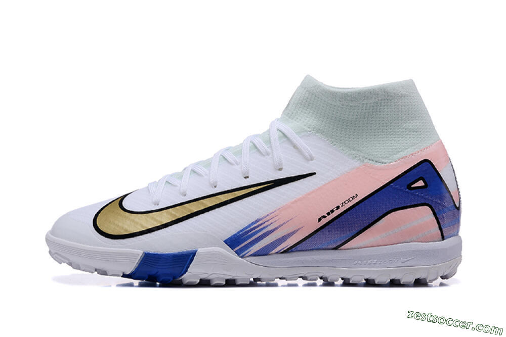Nike Air Zoom Mercurial Superfly 10 Elite TF High-Tops Soccer Shoes - White/Gold/Blue/Pink 2
