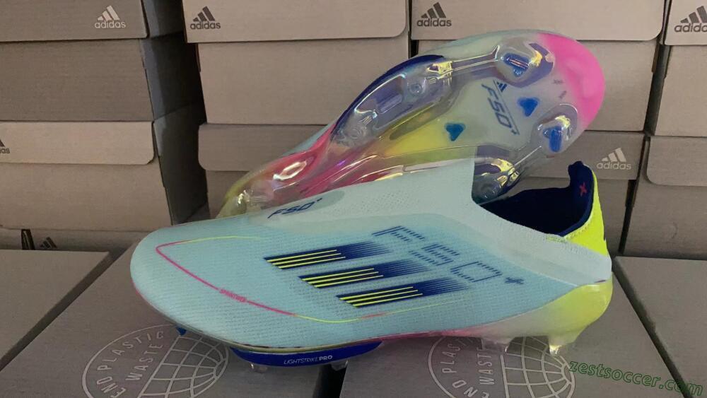 Adidas F50+ Lightstrike Elite Laceless FG Low-Tops Soccer Cleats - Blue/Yellow/Pink