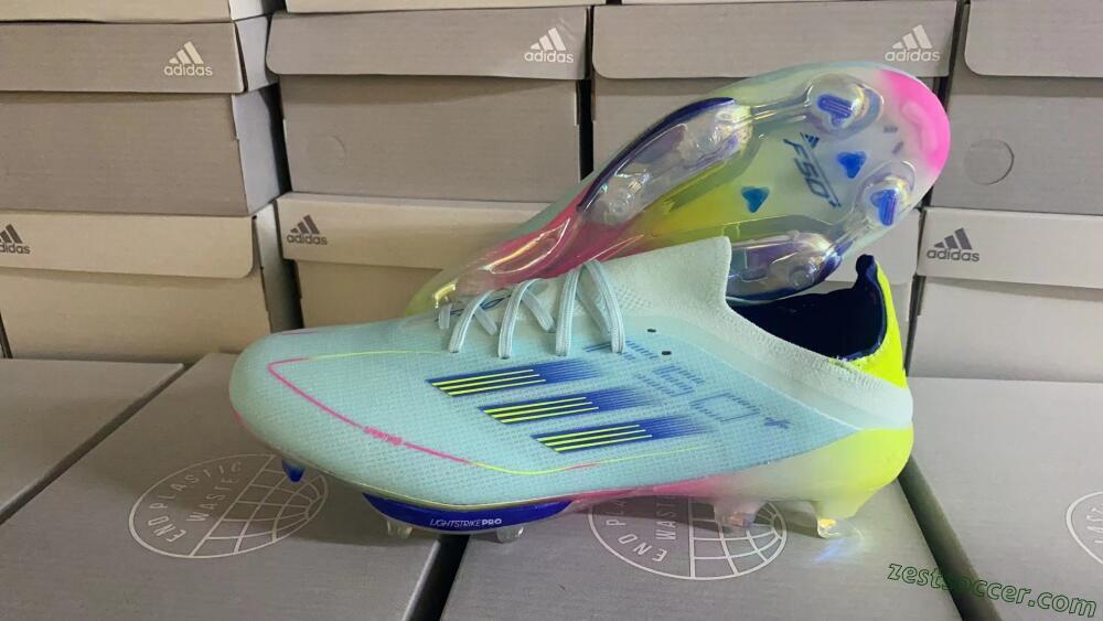 Adidas F50+ Lightstrike Elite FG Low-Tops Soccer Cleats - Blue/Yellow/Pink