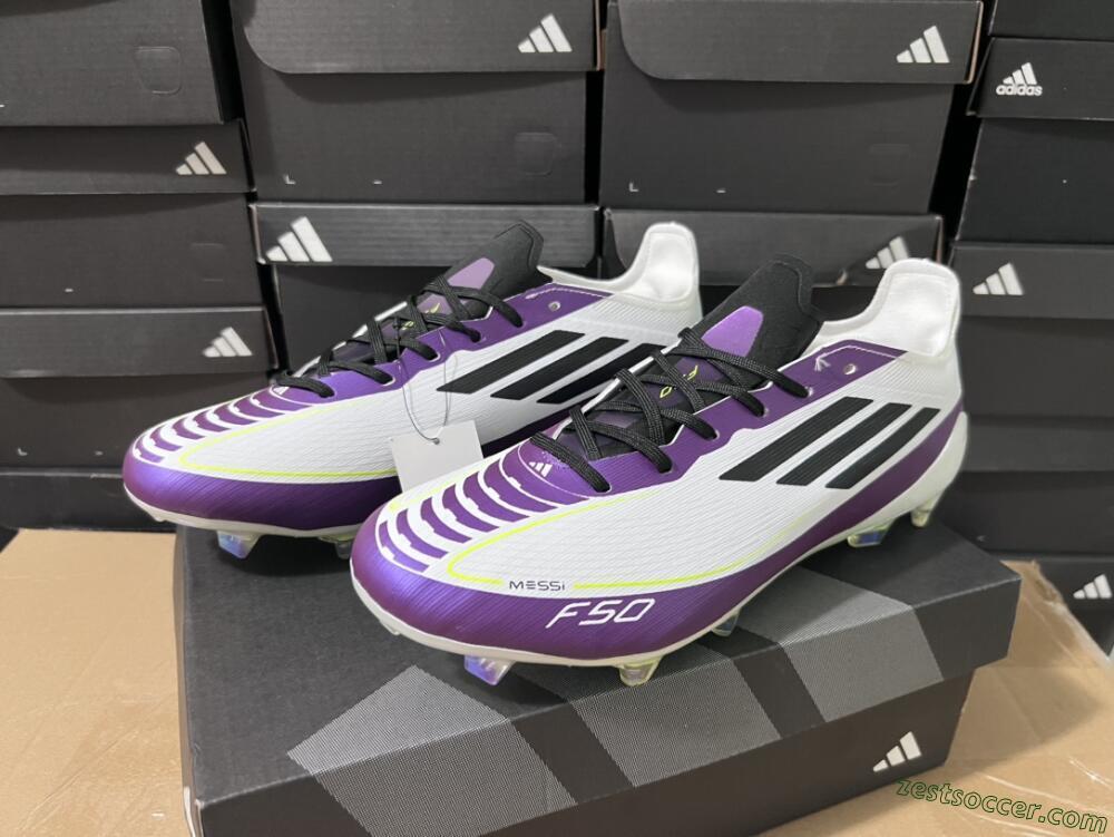 Messi x Adidas F50 Elite FG Low-Tops Soccer Cleats - White/Black/Purple