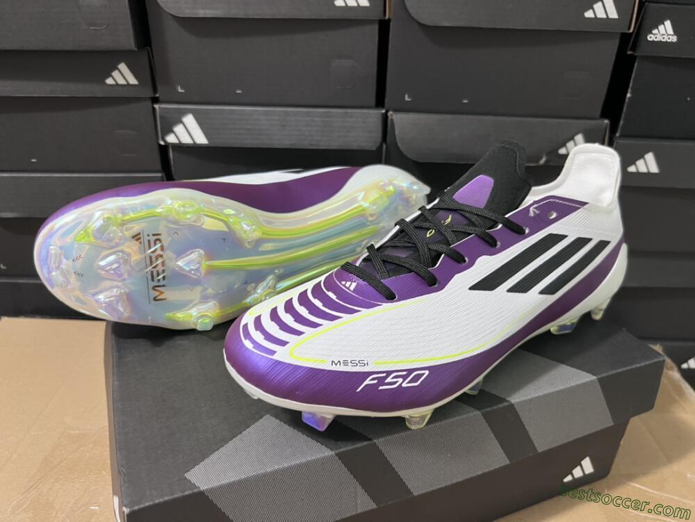 Messi x Adidas F50 Elite FG Low-Tops Soccer Cleats - White/Black/Purple