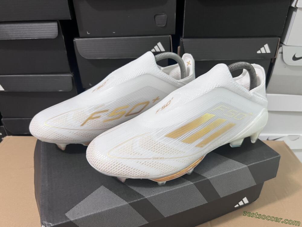 Adidas F50+ Lightstrike Pro Laceless FG Low-Tops Soccer Cleats - Cloud White/Gold Metallic/Cloud White