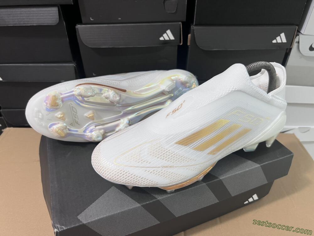 Adidas F50+ Lightstrike Pro Laceless FG Low-Tops Soccer Cleats - Cloud White/Gold Metallic/Cloud White