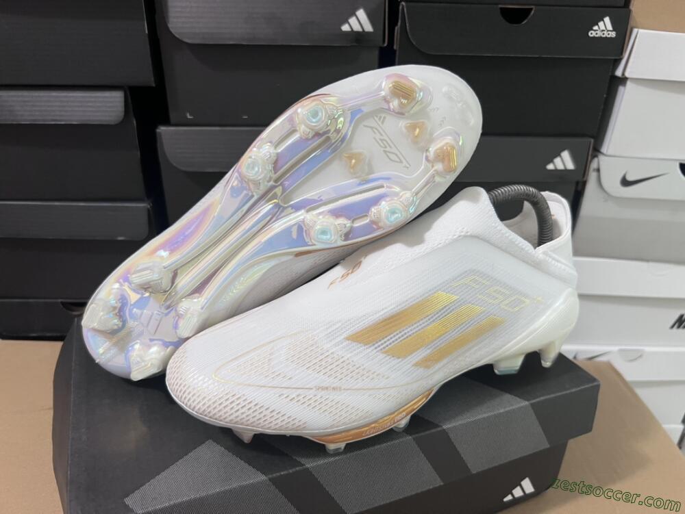 Adidas F50+ Lightstrike Pro Laceless FG Low-Tops Soccer Cleats - Cloud White/Gold Metallic/Cloud White