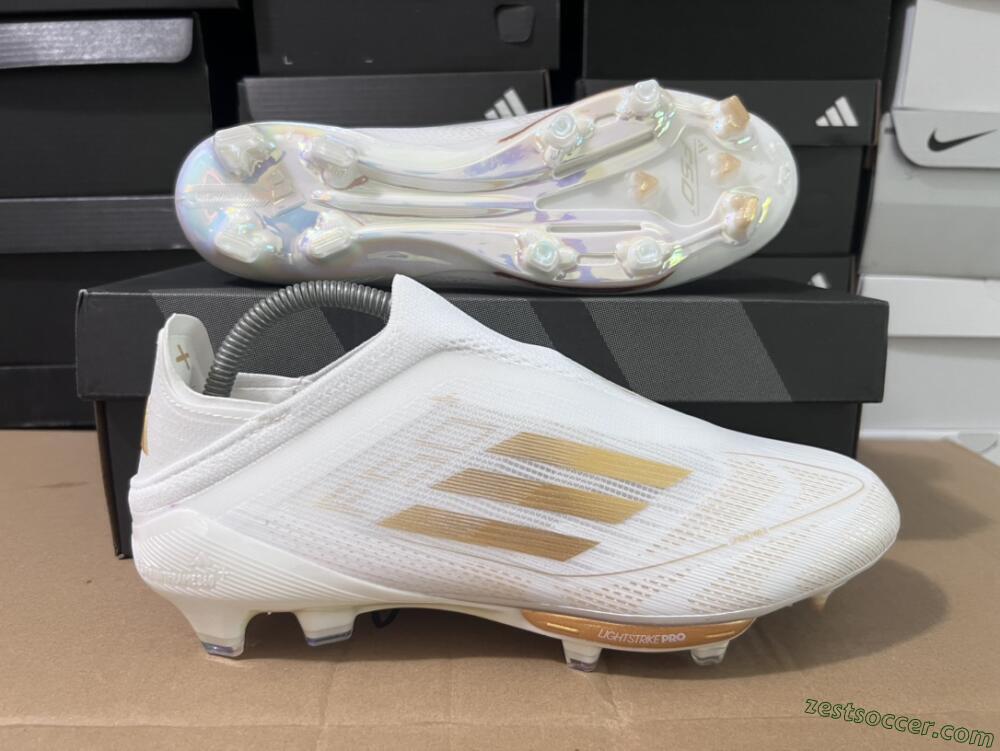 Adidas F50+ Lightstrike Pro Laceless FG Low-Tops Soccer Cleats - Cloud White/Gold Metallic/Cloud White