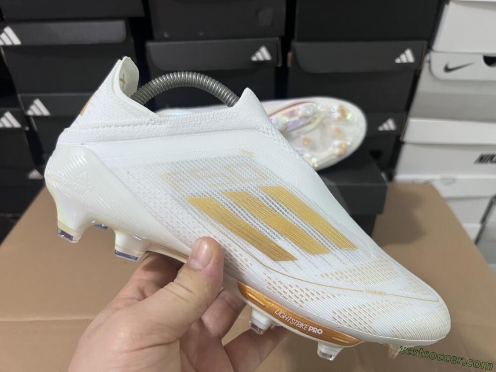 Adidas F50+ Lightstrike Pro Laceless FG Low-Tops Soccer Cleats - Cloud White/Gold Metallic/Cloud White