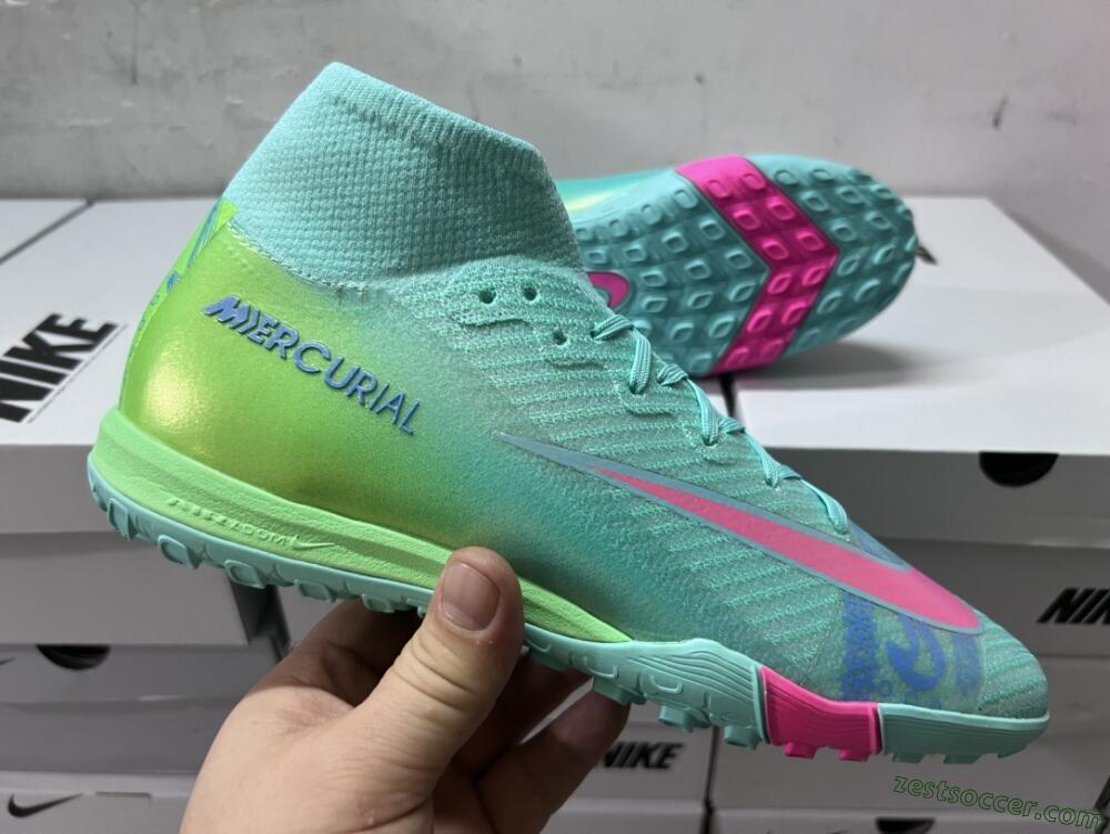 Nike Air Zoom Mercurial Superfly 10 Elite TF High-Tops Soccer Shoes - Jade/Pink/Blue