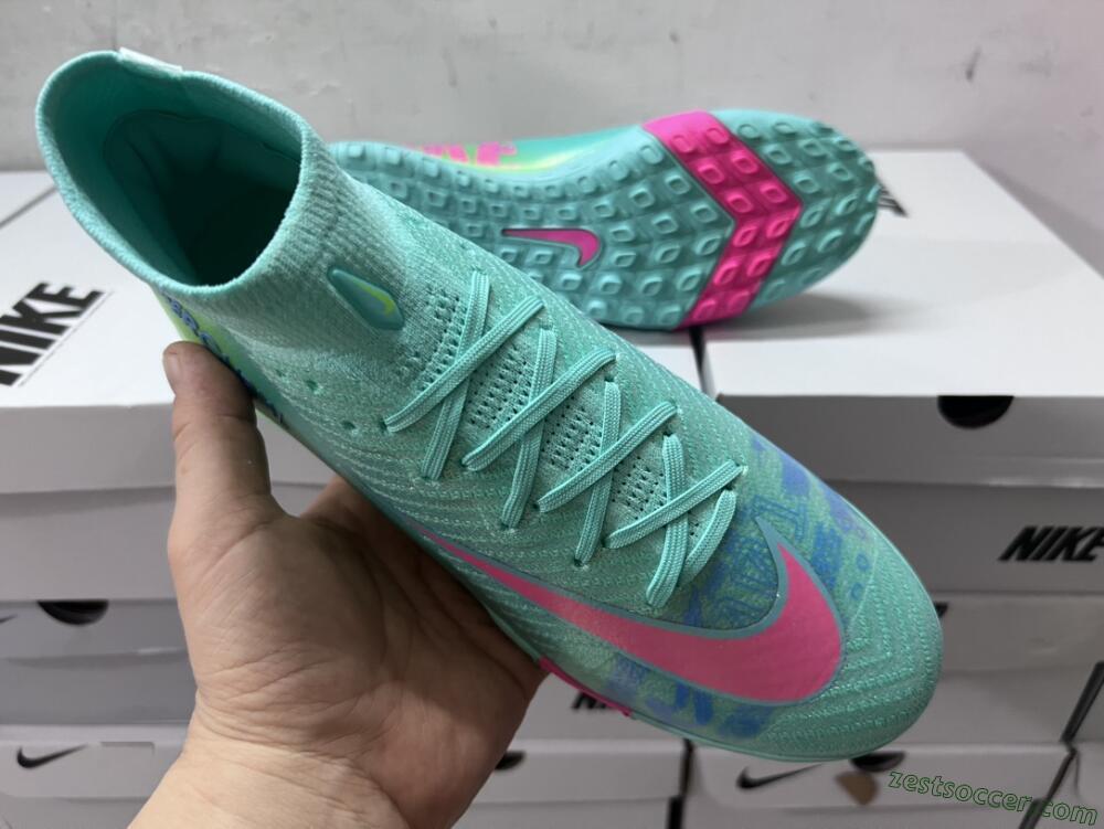Nike Air Zoom Mercurial Superfly 10 Elite TF High-Tops Soccer Shoes - Jade/Pink/Blue