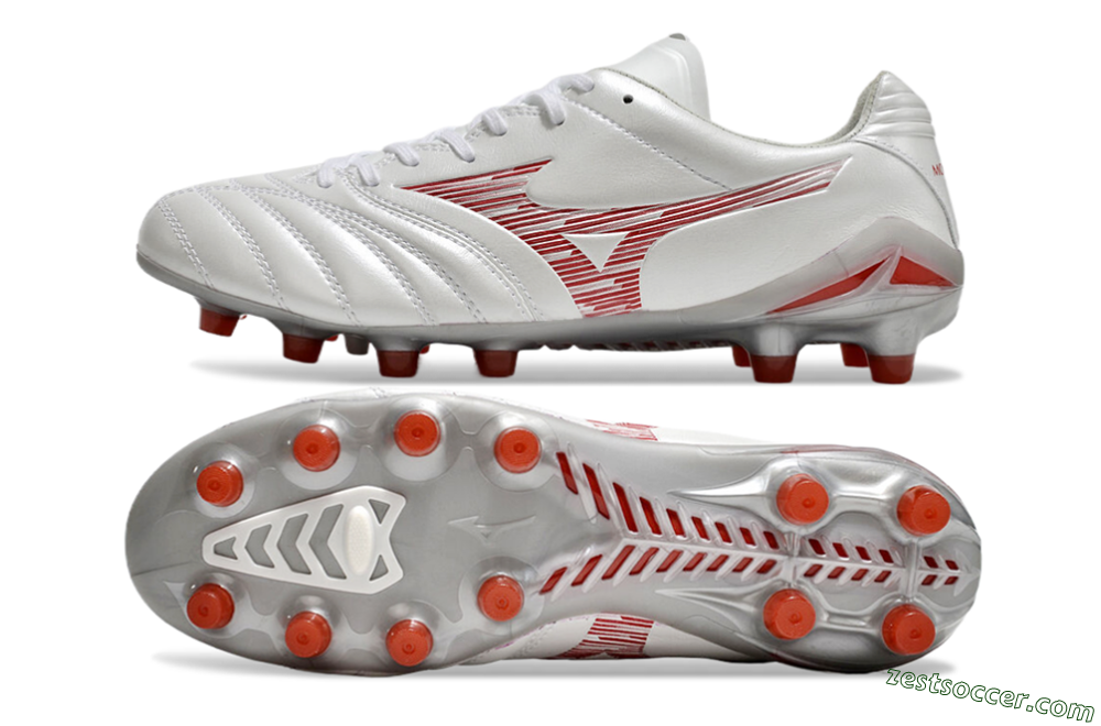 Mizuno Morelia Neo 4 FG Low-Tops Soccer Cleats - White/Silver/Red 1