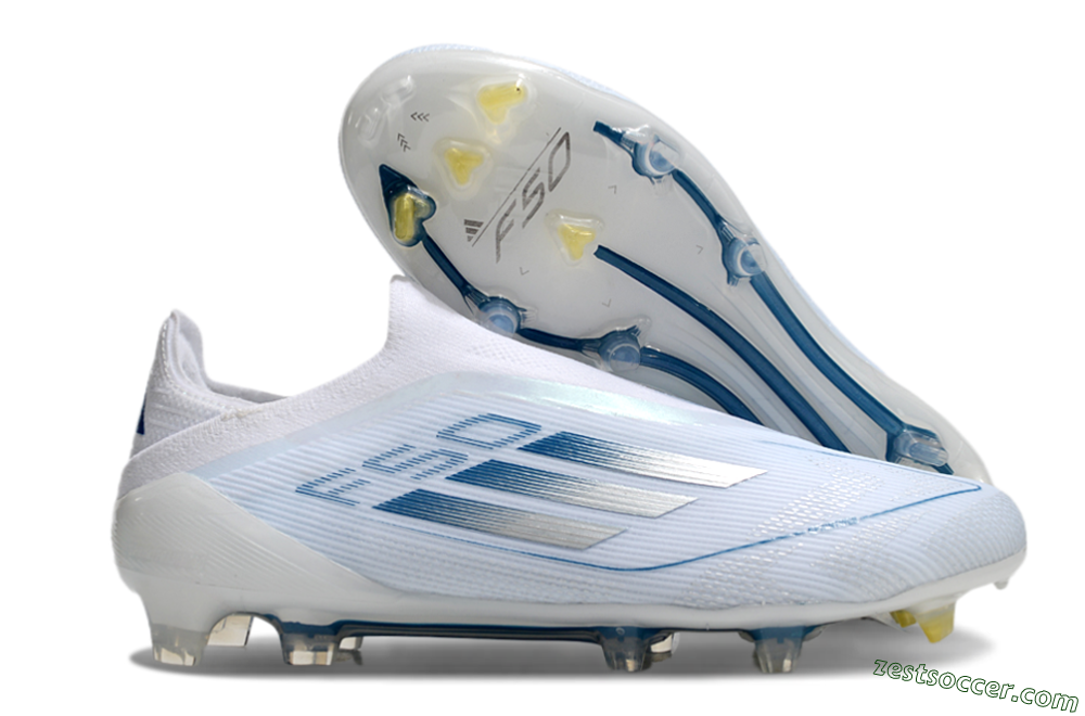Adidas F50 Elite Laceless FG Low-Tops Soccer Cleats - White/Silver/Blue 0