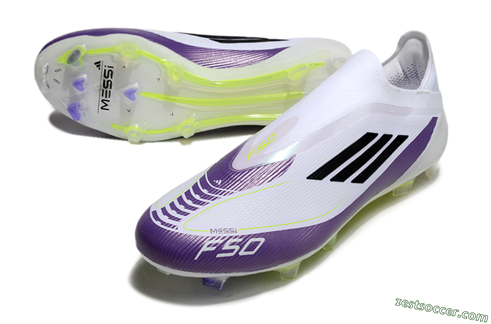 Messi x Adidas F50 Elite Laceless FG Low-Tops Soccer Cleats - White/Black/Purple 3
