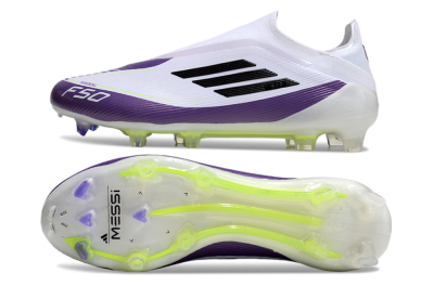 Messi x Adidas F50 Elite Laceless FG Low-Tops Soccer Cleats - White/Black/Purple