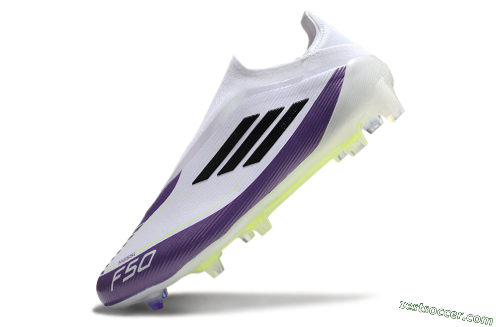 Messi x Adidas F50 Elite Laceless FG Low-Tops Soccer Cleats - White/Black/Purple 5
