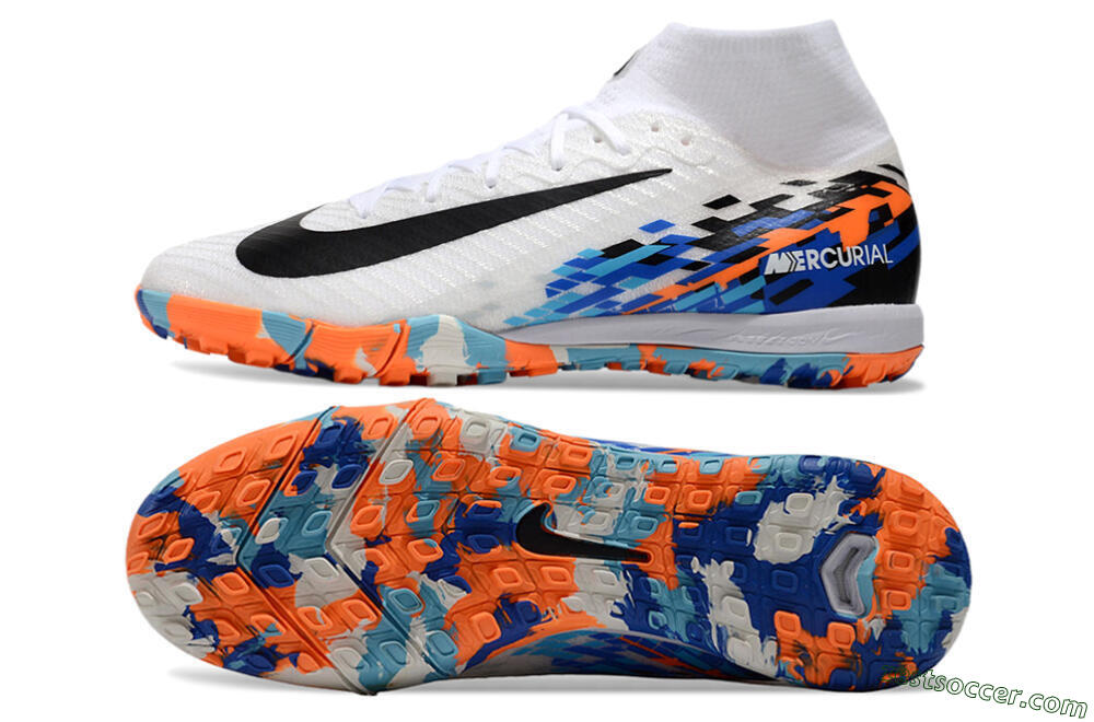 Nike Air Zoom Mercurial Superfly 10 Elite TF High-Tops Soccer Shoes - White/Blue/Orange 1