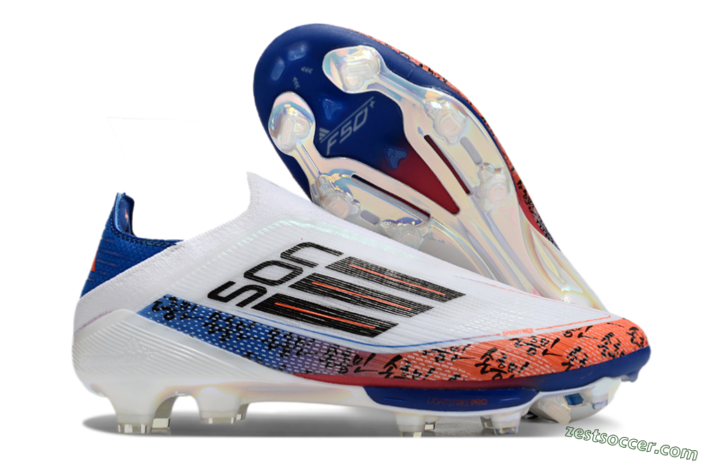 Adidas F50 Elite Lightstrike Pro Laceless FG Low-Tops Soccer Cleats - White/Orange/Blue 0