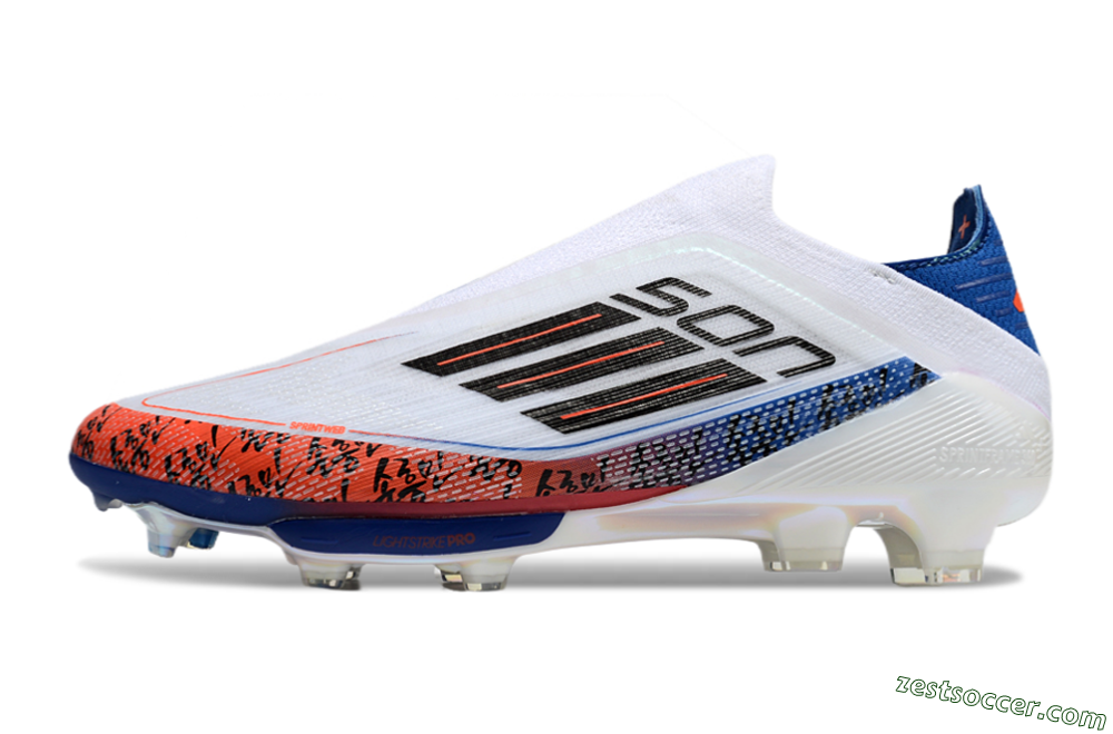 Adidas F50 Elite Lightstrike Pro Laceless FG Low-Tops Soccer Cleats - White/Orange/Blue 2