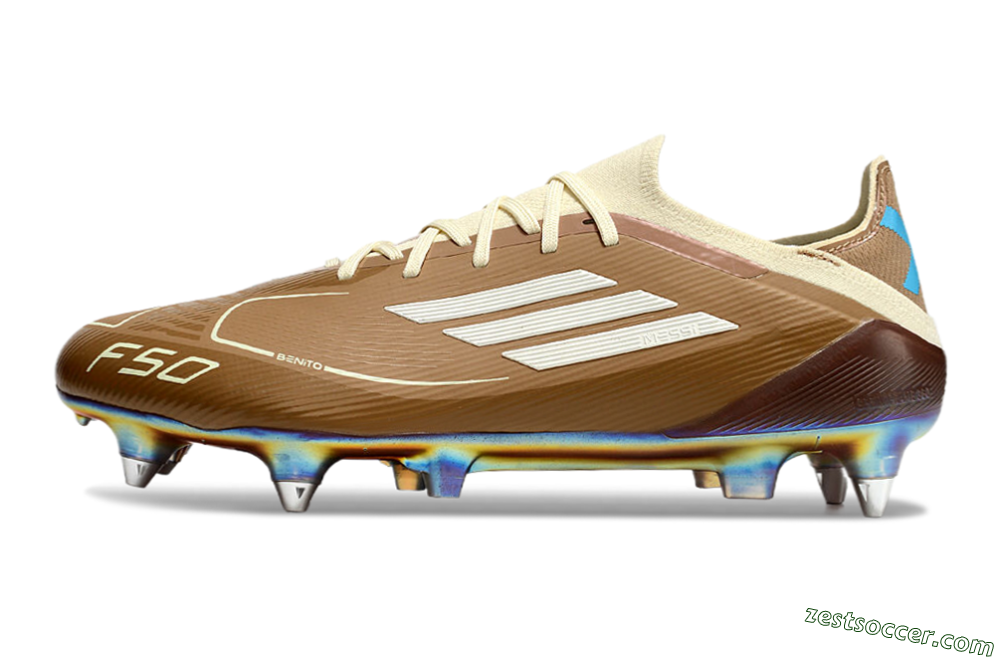 Messi x Adidas F50 Elite Benito SG Low-Tops Soccer Cleats - Brown/White/Blue 2
