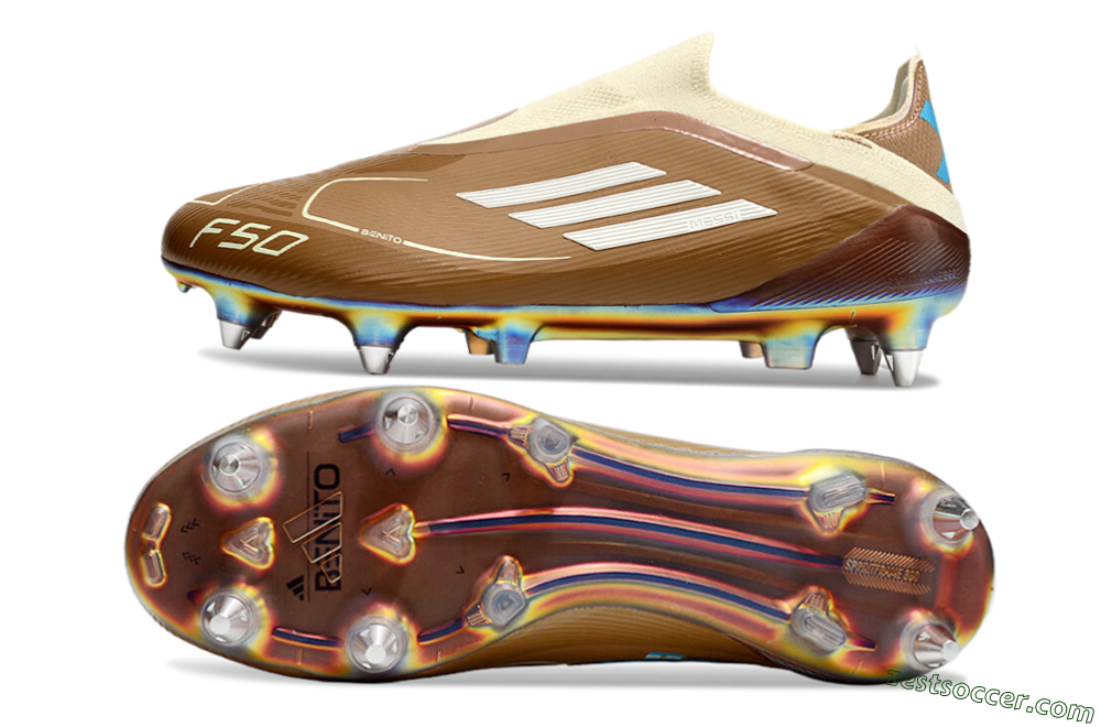 Messi x Adidas F50 Elite Laceless Benito SG Low-Tops Soccer Cleats - Brown/White/Blue 1