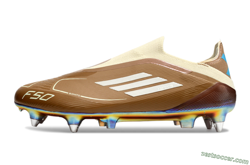 Messi x Adidas F50 Elite Laceless Benito SG Low-Tops Soccer Cleats - Brown/White/Blue 2
