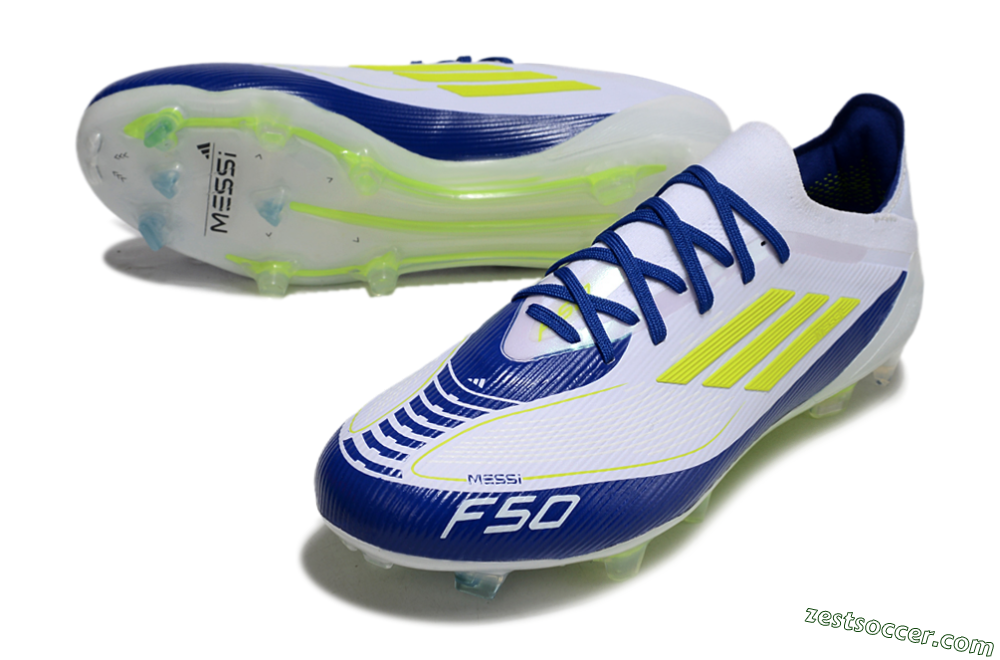 Messi x Adidas F50 Elite FG Low-Tops Soccer Cleats - White/Blue/Yellow 3