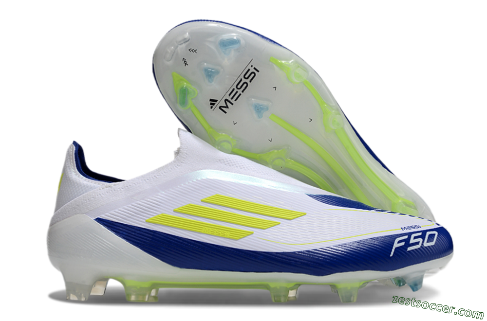 Messi x Adidas F50 Elite Laceless FG Low-Tops Soccer Cleats - White/Blue/Yellow 0